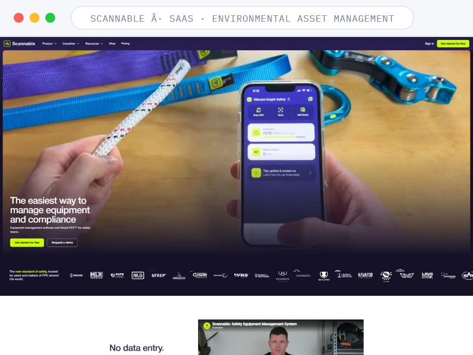 Homepage of Scannable, a SaaS · Safety Equipment Management business, shown in a browser window