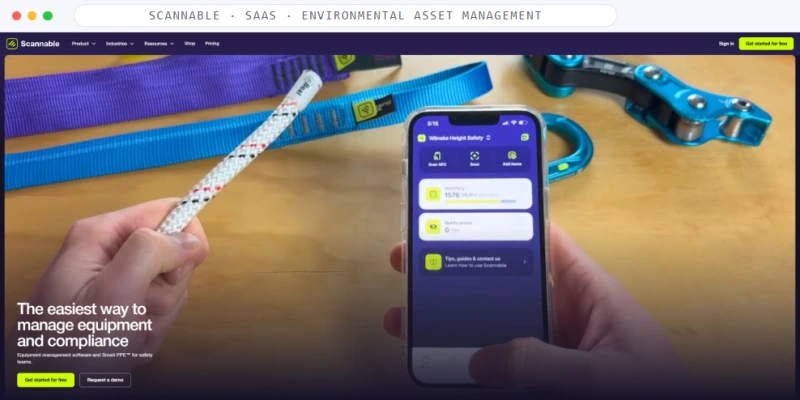 Homepage of Scannable, a SaaS · Safety Equipment Management business, shown in a browser window
