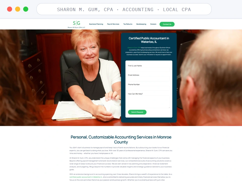 Homepage of Sharon M. Gum, CPA, a Accounting · Local CPA business, shown in a browser window