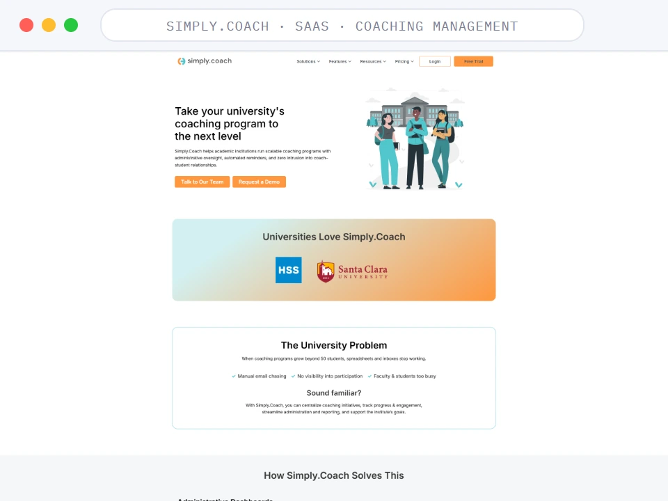 Homepage of Simply.Coach, a SaaS · Coaching Management business, shown in a browser window