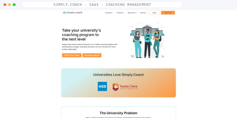 Homepage of Simply.Coach, a SaaS · Coaching Management business, shown in a browser window