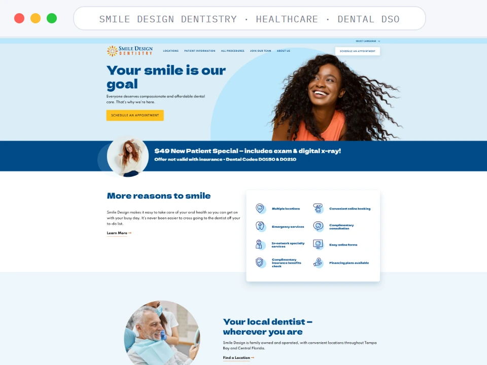 Homepage of Smile Design Dentistry, a Healthcare · Dental DSO business, shown in a browser window