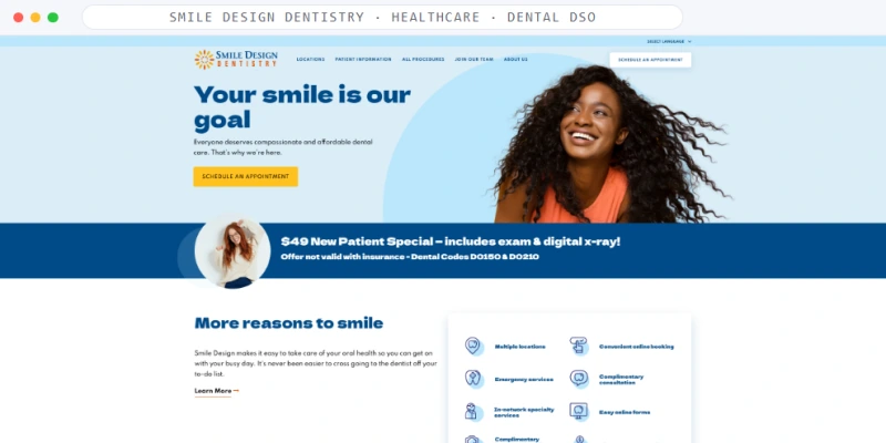 Homepage of Smile Design Dentistry, a Healthcare · Dental DSO business, shown in a browser window