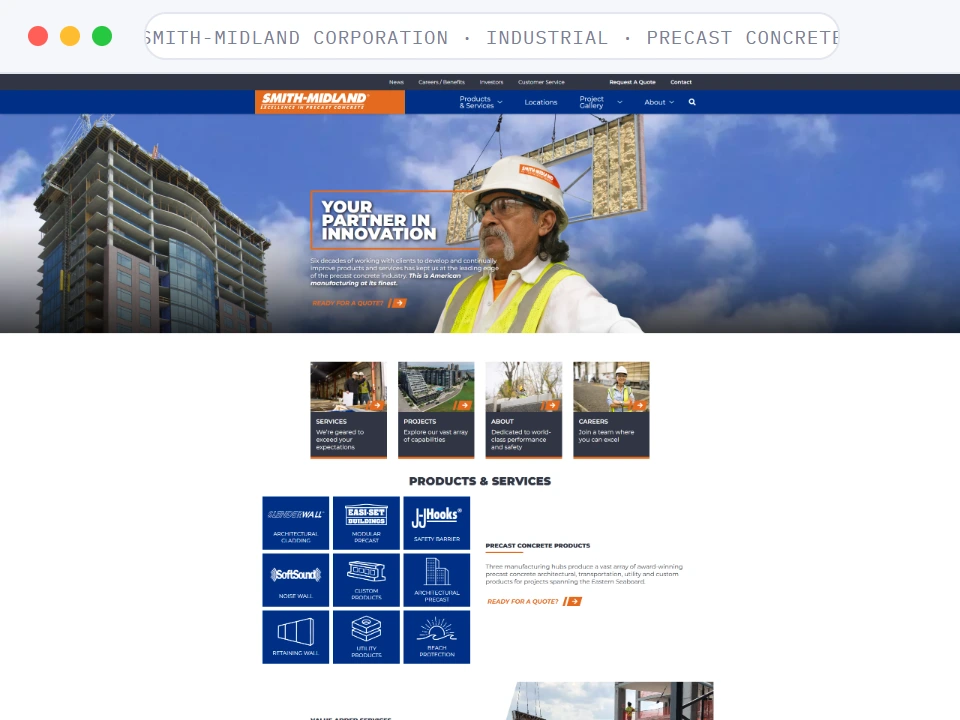 Homepage of Smith-Midland Corporation, a Industrial · Precast Concrete business, shown in a browser window