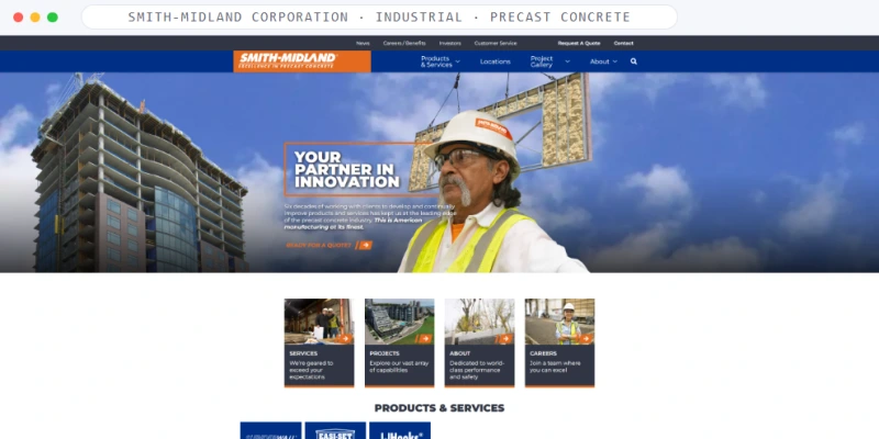 Homepage of Smith-Midland Corporation, a Industrial · Precast Concrete business, shown in a browser window