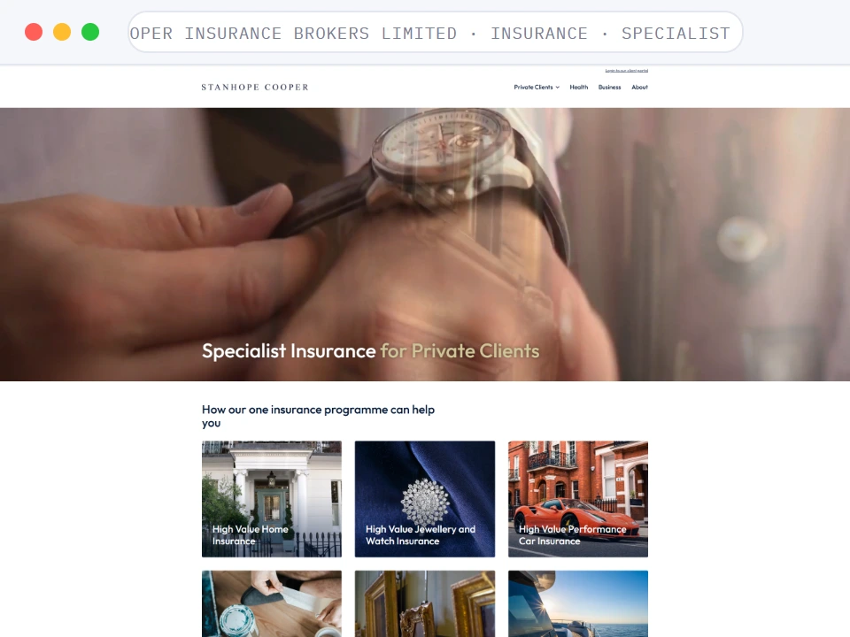 Homepage of Stanhope Cooper Insurance Brokers Limited, a Insurance · Specialist Broker · UK business, shown in a browser window