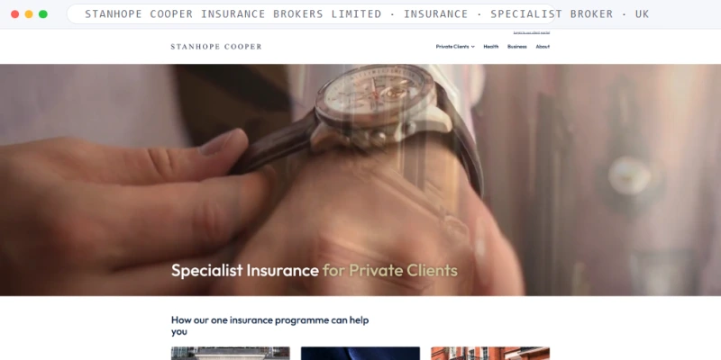 Homepage of Stanhope Cooper Insurance Brokers Limited, a Insurance · Specialist Broker · UK business, shown in a browser window