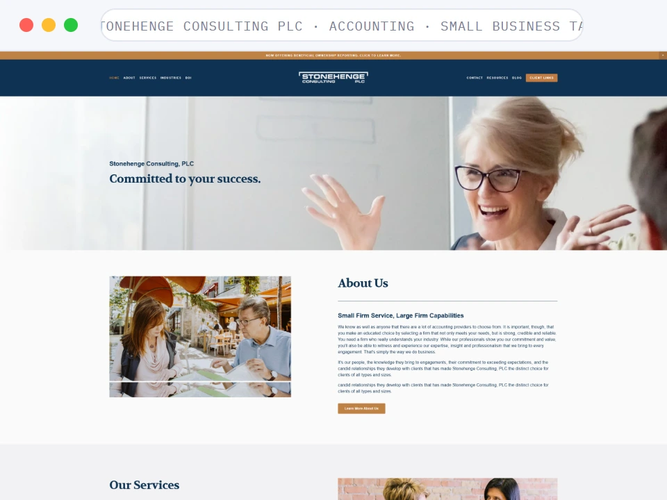 Homepage of Stonehenge Consulting PLC, a Accounting · Small Business Tax business, shown in a browser window