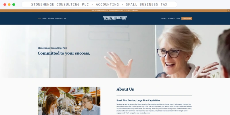 Homepage of Stonehenge Consulting PLC, a Accounting · Small Business Tax business, shown in a browser window
