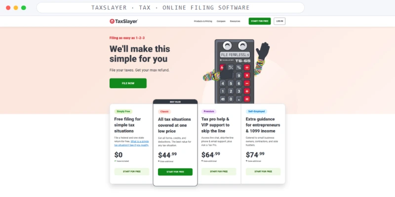 Homepage of TaxSlayer, a Tax · Online Filing Software business, shown in a browser window