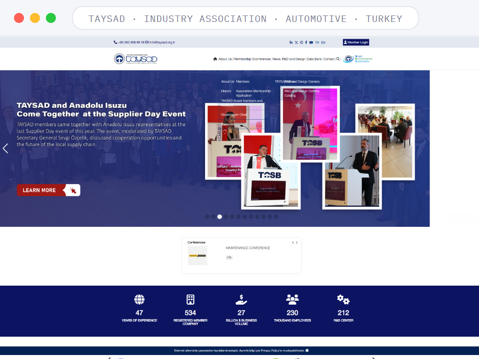 Homepage of TAYSAD, a Industry Association · Automotive · Turkey business, shown in a browser window