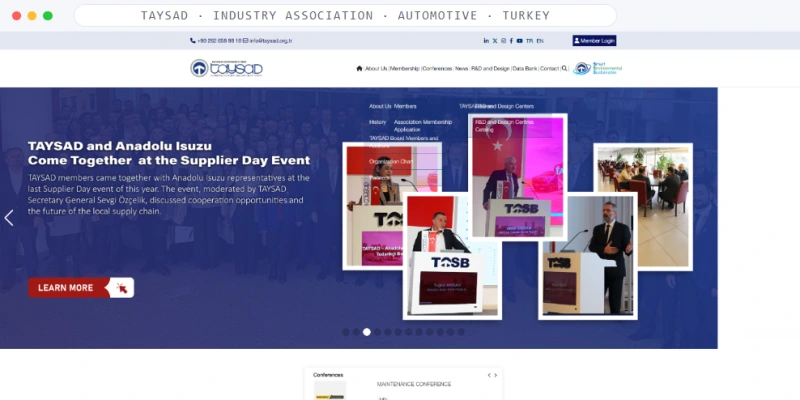 Homepage of TAYSAD, a Industry Association · Automotive · Turkey business, shown in a browser window