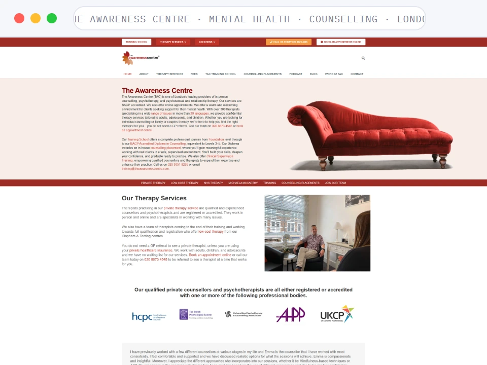 Homepage of The Awareness Centre, a Mental Health · Counseling · London business, shown in a browser window