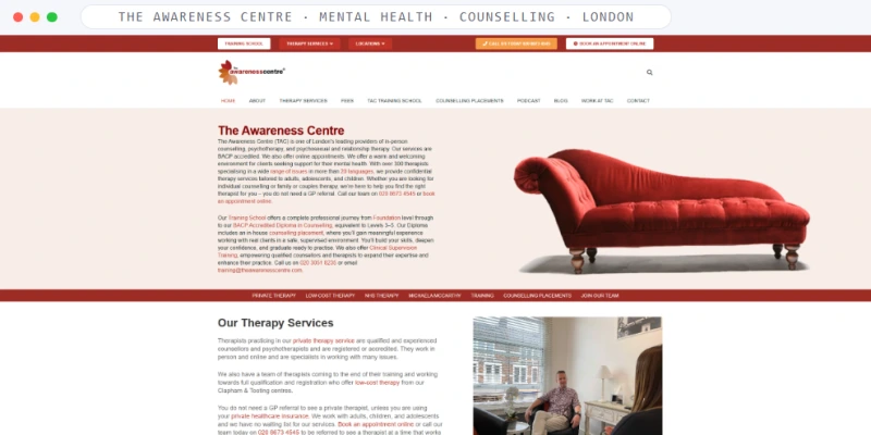 Homepage of The Awareness Centre, a Mental Health · Counseling · London business, shown in a browser window