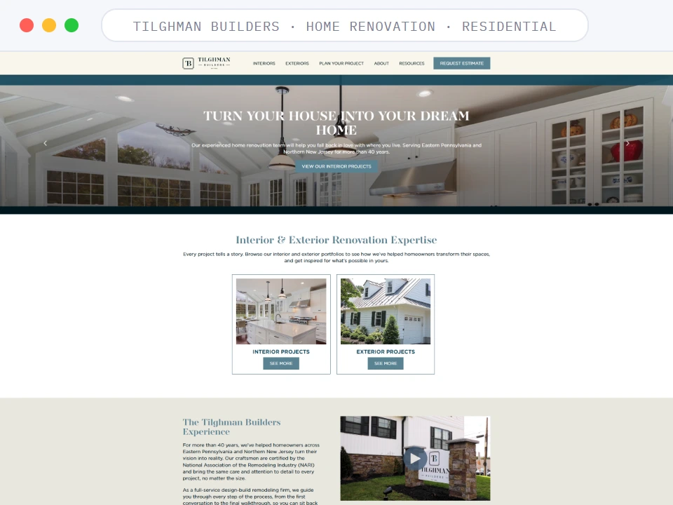 Homepage of Tilghman Builders, a Home Renovation · Residential business, shown in a browser window