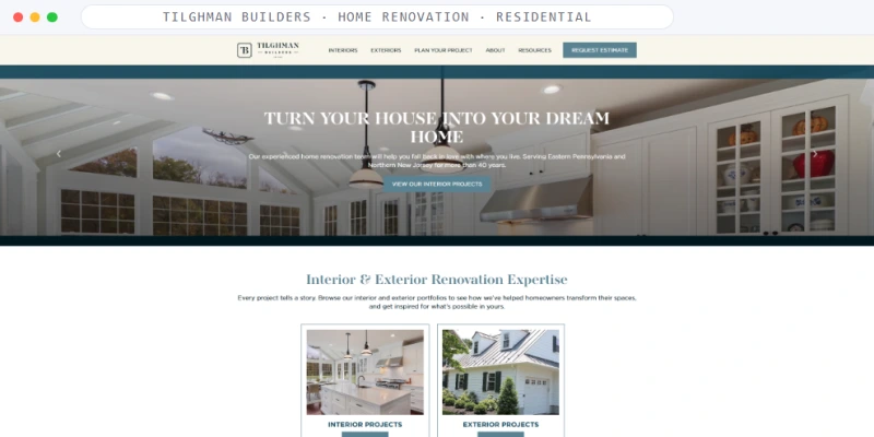 Homepage of Tilghman Builders, a Home Renovation · Residential business, shown in a browser window