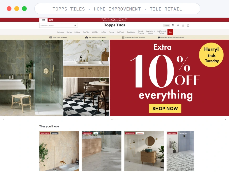 Homepage of Topps Tiles, a Home Improvement · Tile Retail business, shown in a browser window