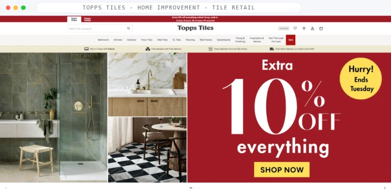 Homepage of Topps Tiles, a Home Improvement · Tile Retail business, shown in a browser window
