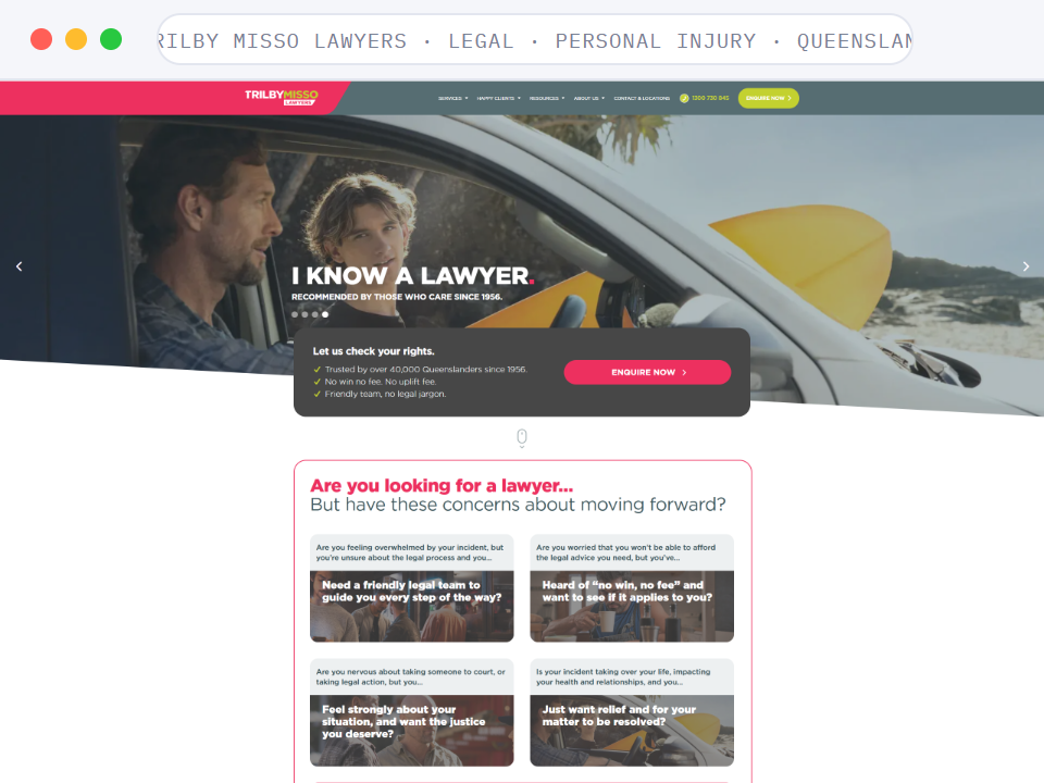 Homepage of Trilby Misso Lawyers, a Legal · Personal injury · Queensland business, shown in a browser window