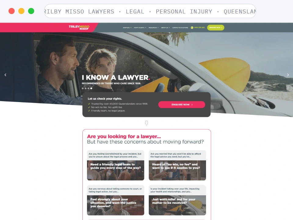 Homepage of Trilby Misso Lawyers, a Legal · Personal injury · Queensland business, shown in a browser window