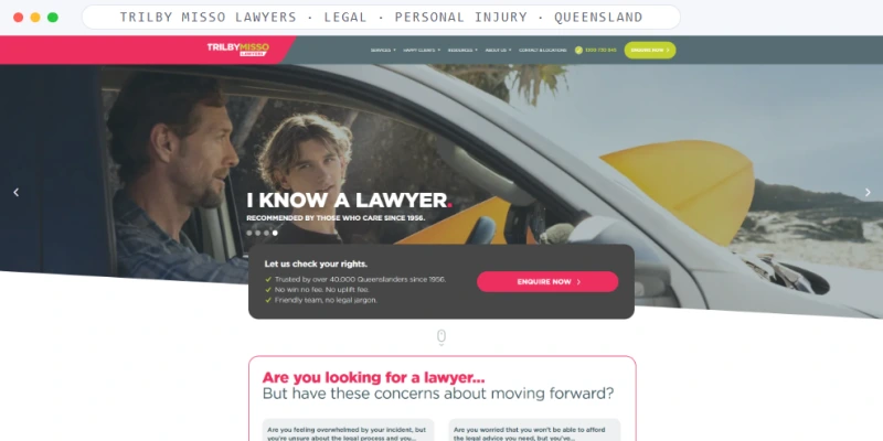 Homepage of Trilby Misso Lawyers, a Legal · Personal injury · Queensland business, shown in a browser window