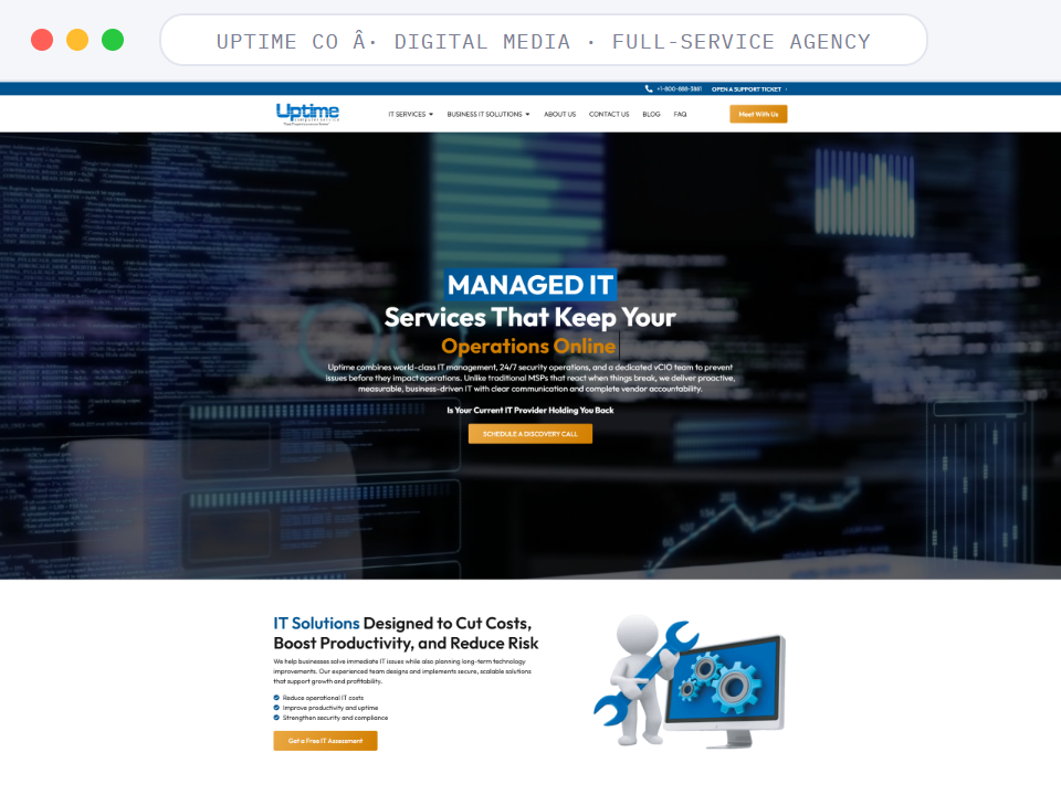 Homepage of Uptime Co, a Managed IT · MSP business, shown in a browser window