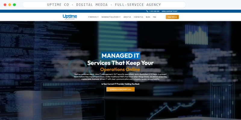 Homepage of Uptime Co, a Managed IT · MSP business, shown in a browser window