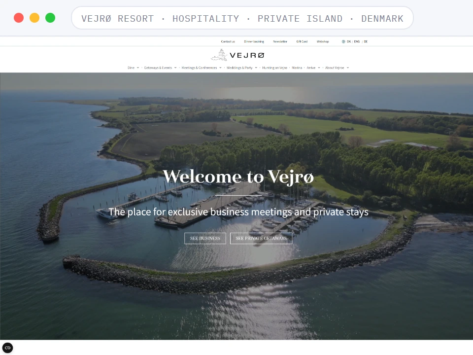 Homepage of Vejrø Resort, a Hospitality · Private Island · Denmark business, shown in a browser window
