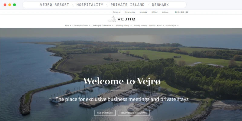 Homepage of Vejrø Resort, a Hospitality · Private Island · Denmark business, shown in a browser window