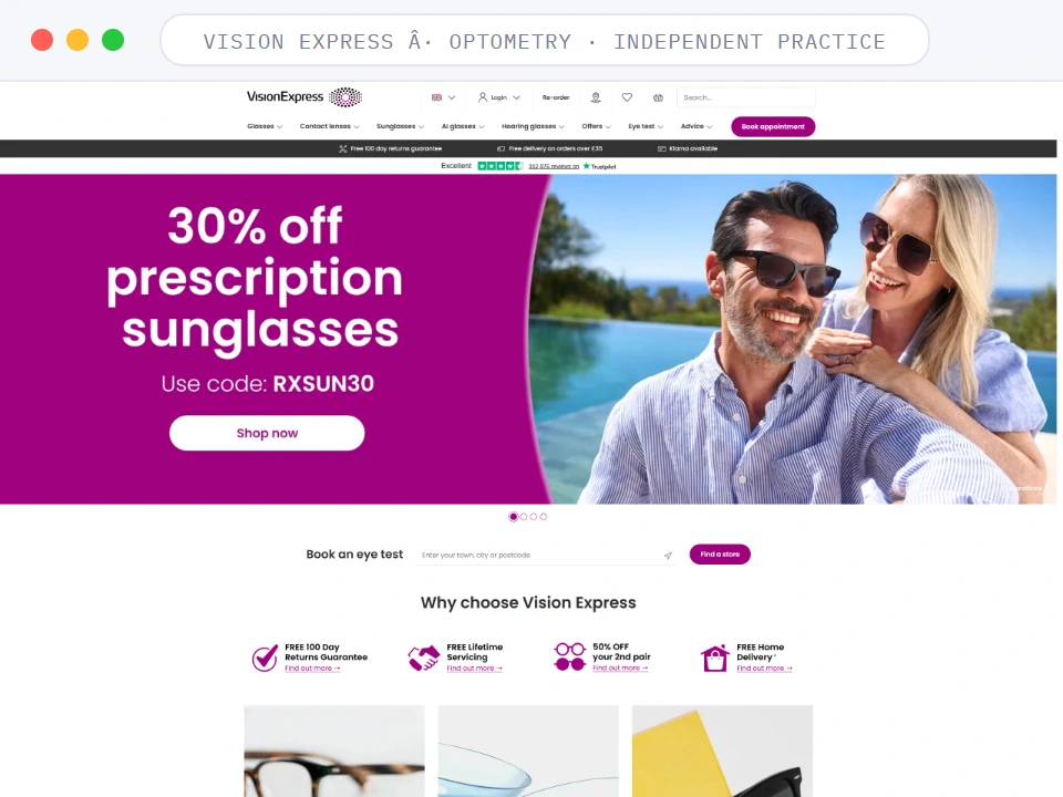 Homepage of Vision Express, a Optometry · UK High Street Chain business, shown in a browser window