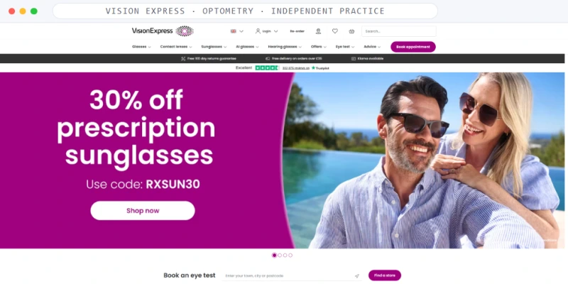 Homepage of Vision Express, a Optometry · UK High Street Chain business, shown in a browser window