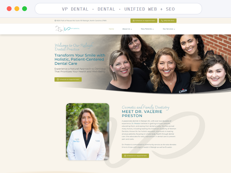 Homepage of VP Dental, a Dental · Unified Web + SEO business, shown in a browser window