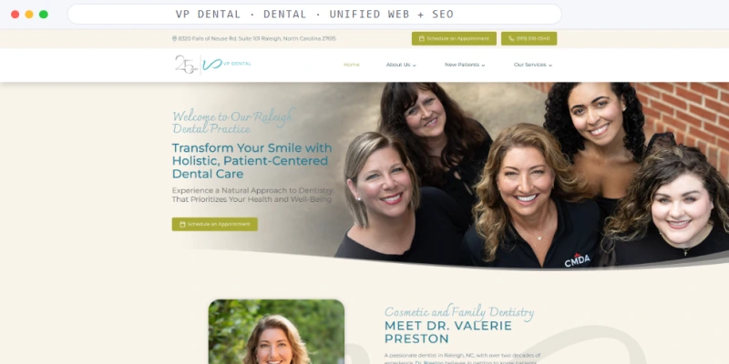 Homepage of VP Dental, a Dental · Unified Web + SEO business, shown in a browser window