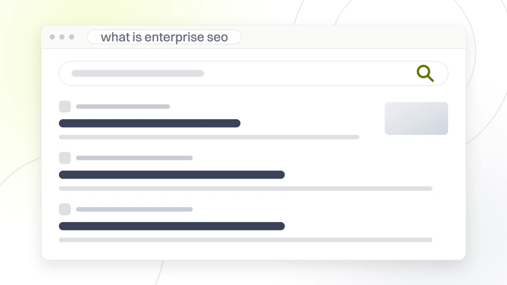 What is enterprise SEO. A search results page with a query box and five organic listings, none of them marked, the page five definitions of the same phrase are sitting on together.