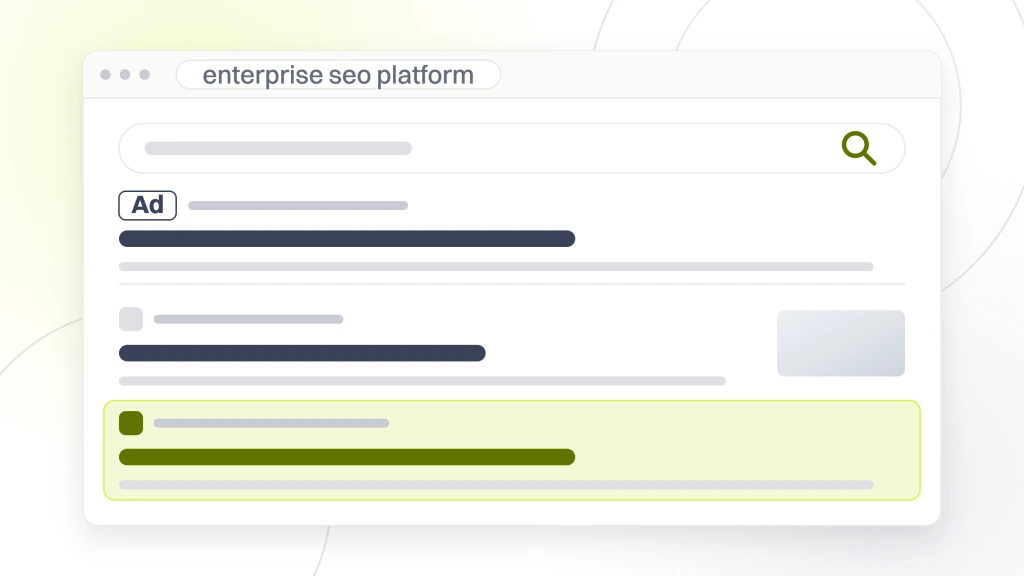 Enterprise SEO. A search results page with two ad listings above four organic listings, one of them highlighted, and a row of related search pills, the arrangement a vendor written definition sits inside.