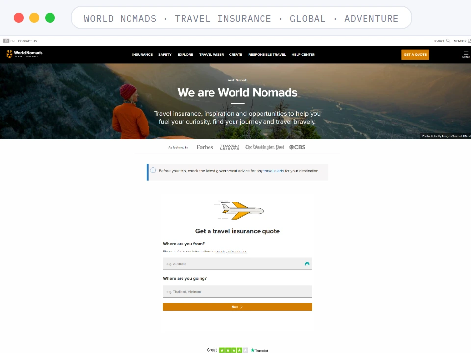 Homepage of World Nomads, a Travel Insurance · Global · Adventure business, shown in a browser window