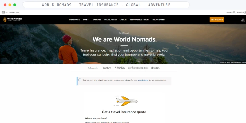 Homepage of World Nomads, a Travel Insurance · Global · Adventure business, shown in a browser window